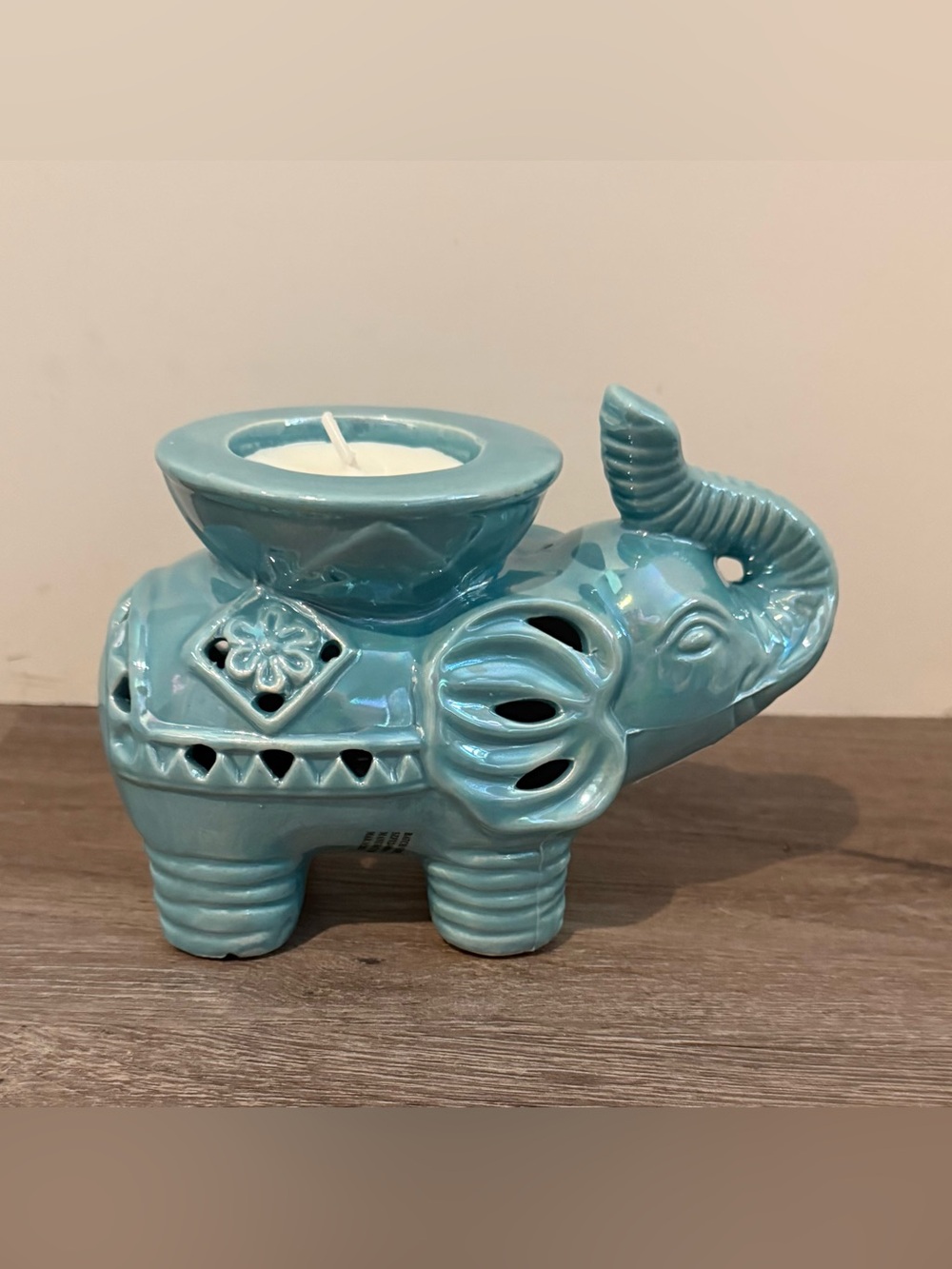Pretty Blue Ceramic Elephant Candle Holder - NWOT